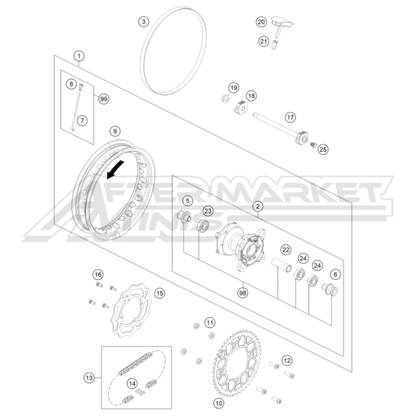 Illustration of 2025 Husqvarna EE 5 rear wheel with labeled components on a white background, featuring the 'Aftermarket Minis' brand.