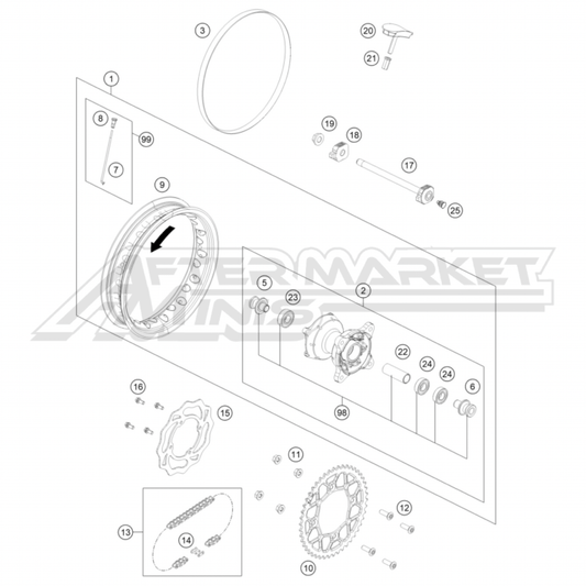 Illustration of 2025 Husqvarna EE 5 rear wheel with labeled components on a white background, featuring the 'Aftermarket Minis' brand.