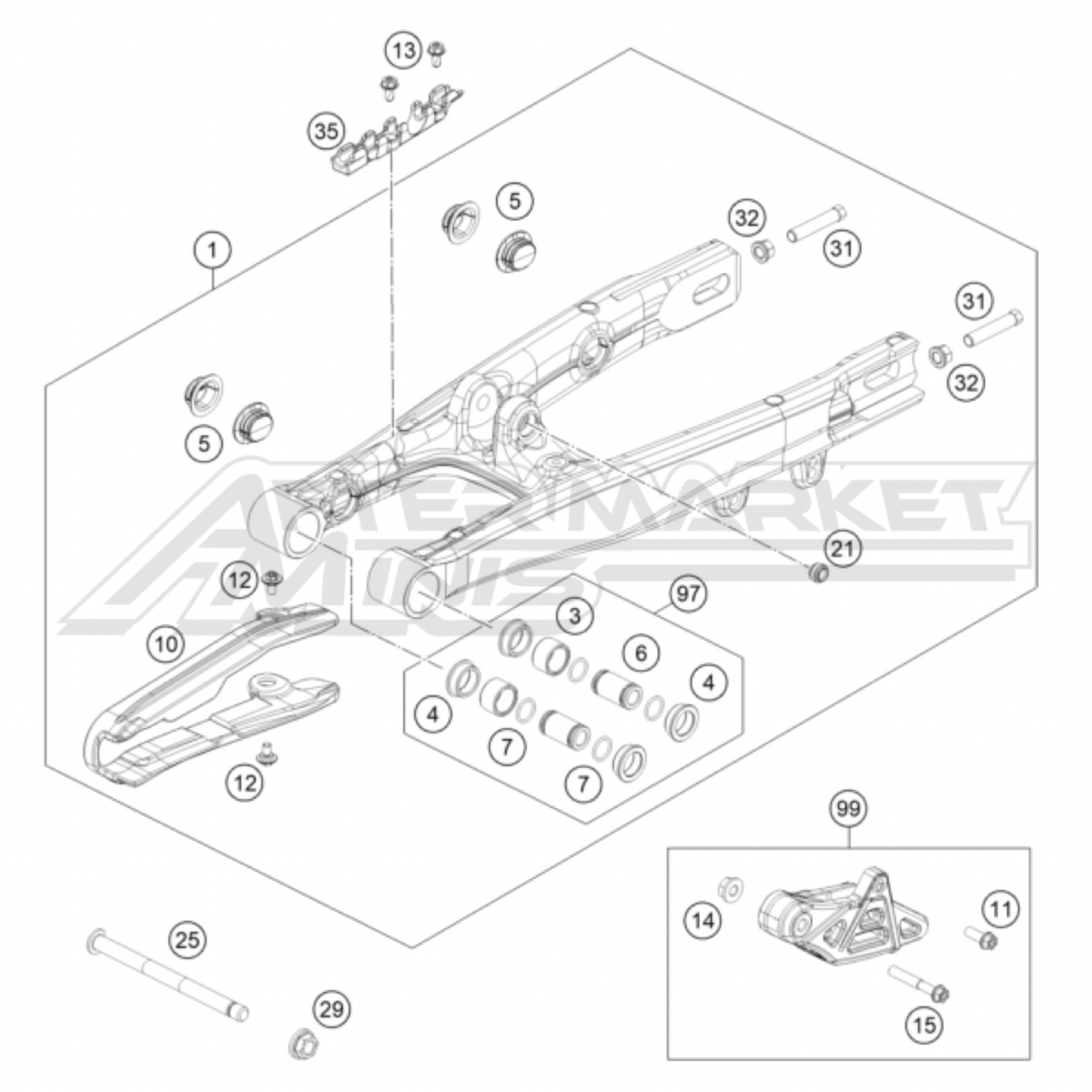 Illustration of 2025 Husqvarna EE 5 swingarm with labeled components on a white background, featuring the 'Aftermarket Minis' brand.
