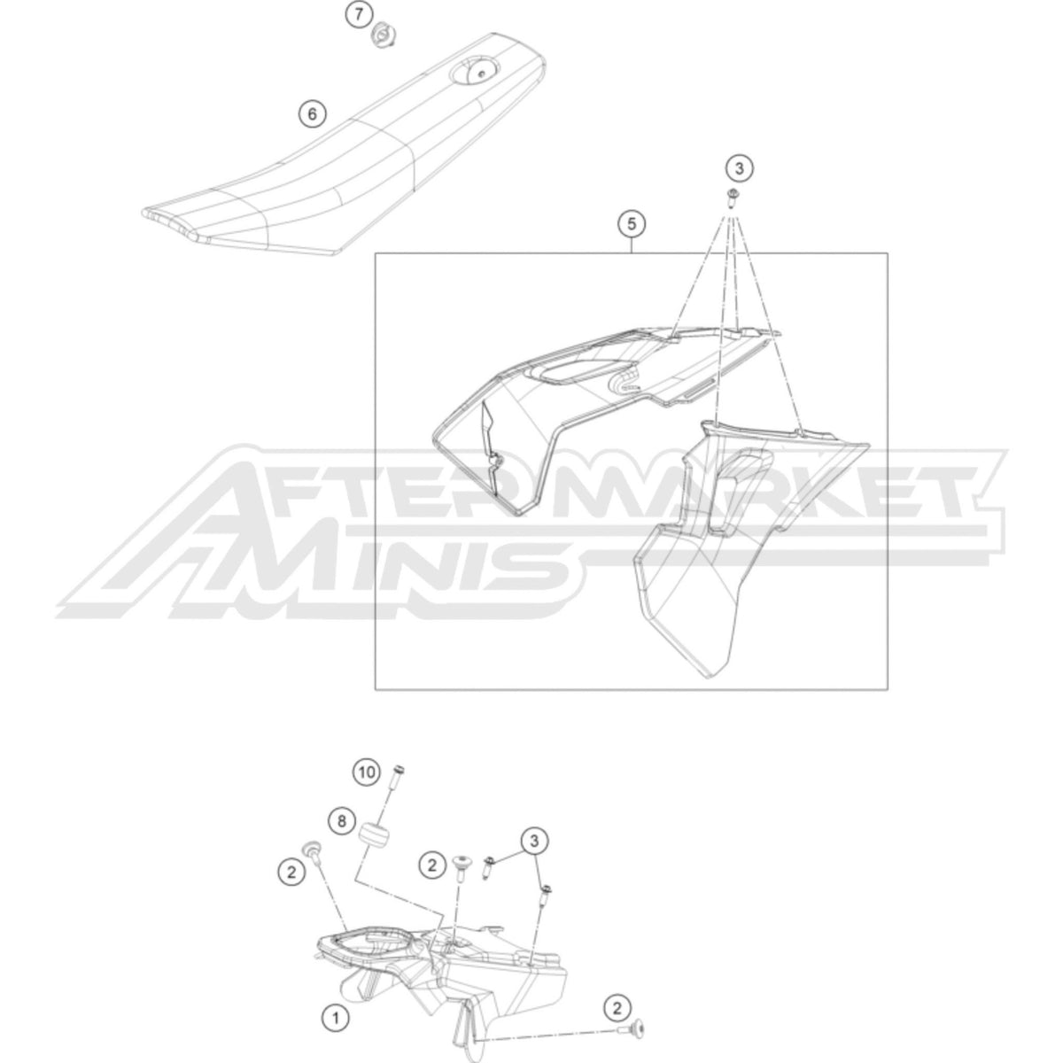 Illustration of 2025 Husqvarna EE 5 tank, seat, shrouds with labeled components on a white background, featuring the 'Aftermarket Minis' brand.