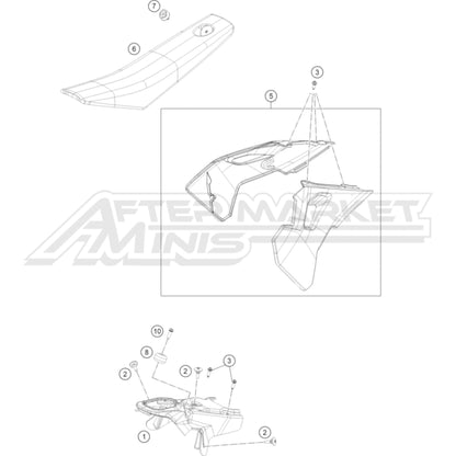 Illustration of 2025 Husqvarna EE 5 tank, seat, shrouds with labeled components on a white background, featuring the 'Aftermarket Minis' brand.
