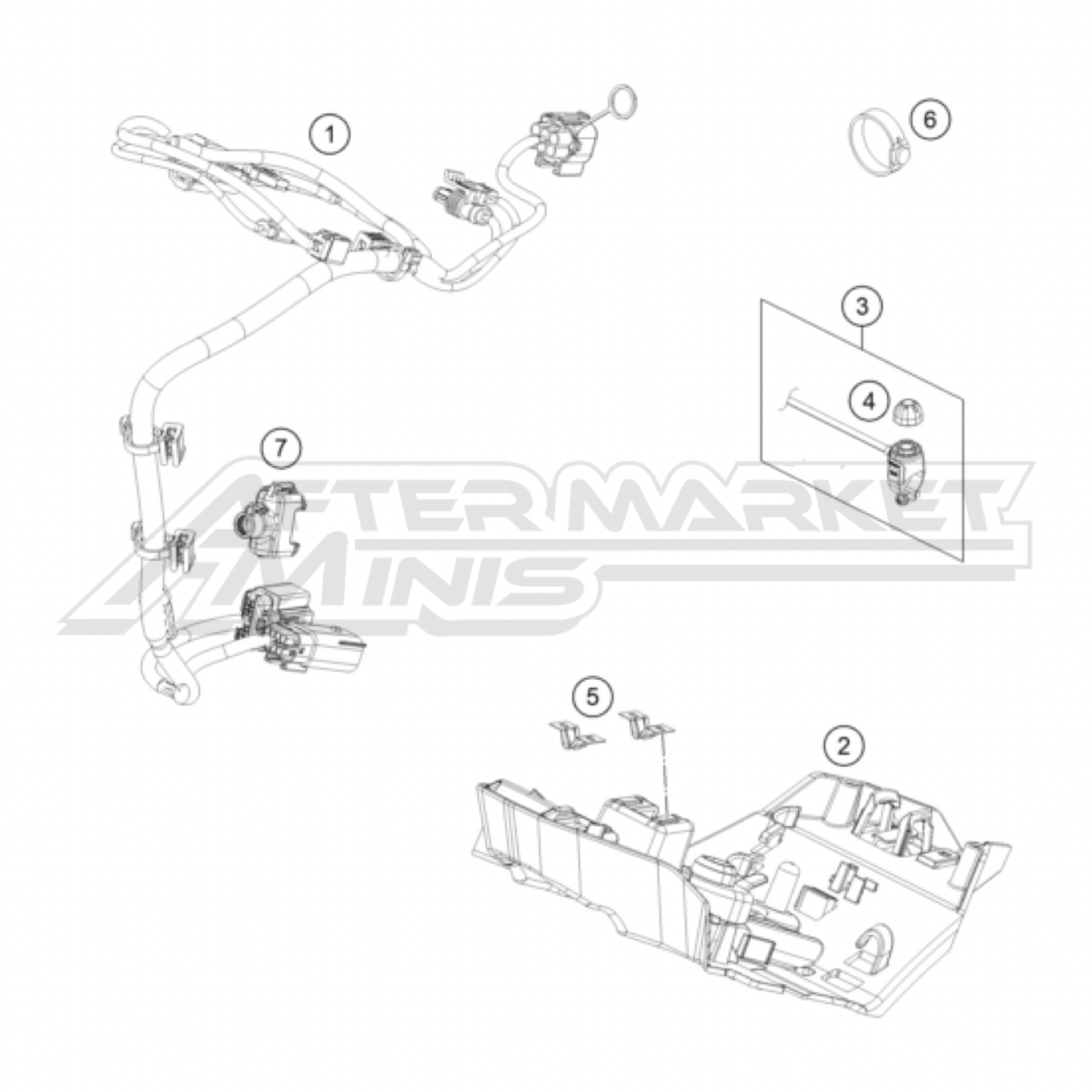 Illustration of 2025 Husqvarna EE 5 wiring harness with labeled components on a white background, featuring the 'Aftermarket Minis' brand.