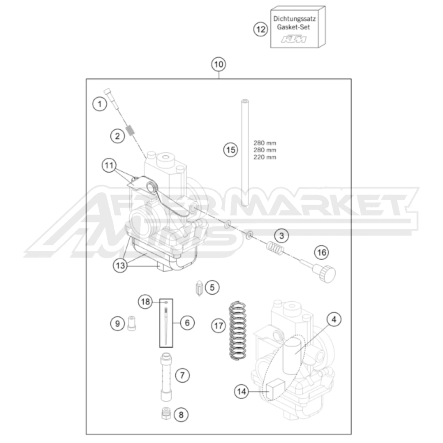 Exploded parts diagram of a 2009-2020 KTM 65 SX carburetor assembly with reference numbers for each part to allow for easy ordering.