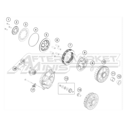 Exploded parts diagram of a 2026 KTM 65 SX clutch, with reference numbers for each part to allow for easy ordering.