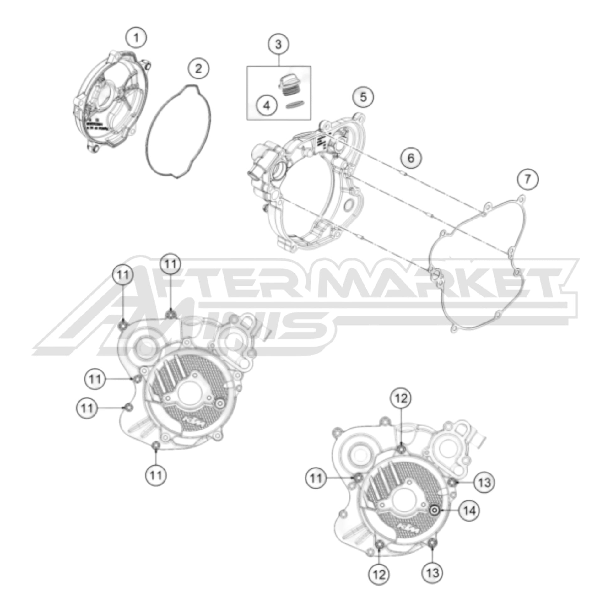 Exploded parts diagram of a 2026 KTM 65 SX clutch cover with reference numbers for each part to allow for easy ordering.
