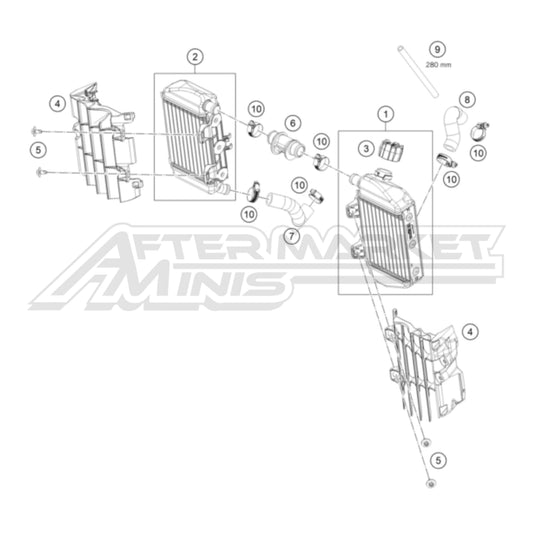 Exploded parts diagram of a 2026 KTM 65 SX cooling system with reference numbers for each part to allow for easy ordering.