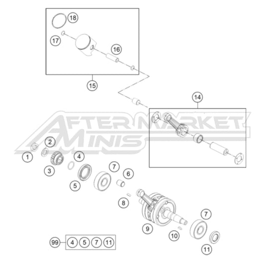 Exploded parts diagram of a 2024 KTM 65 SX crankshaft and piston parts with reference numbers for each part to allow for easy ordering.