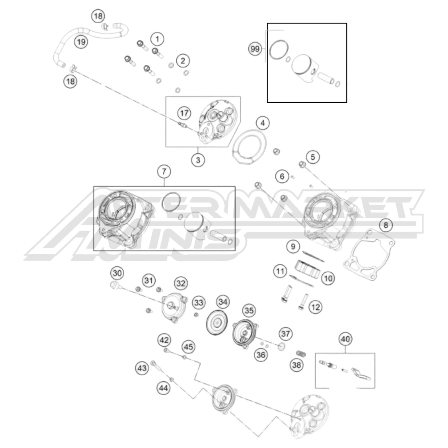 Exploded parts diagram of a 2026 KTM 65 SX cylinder, head and power valve assembly with reference numbers for each part to allow for easy ordering.