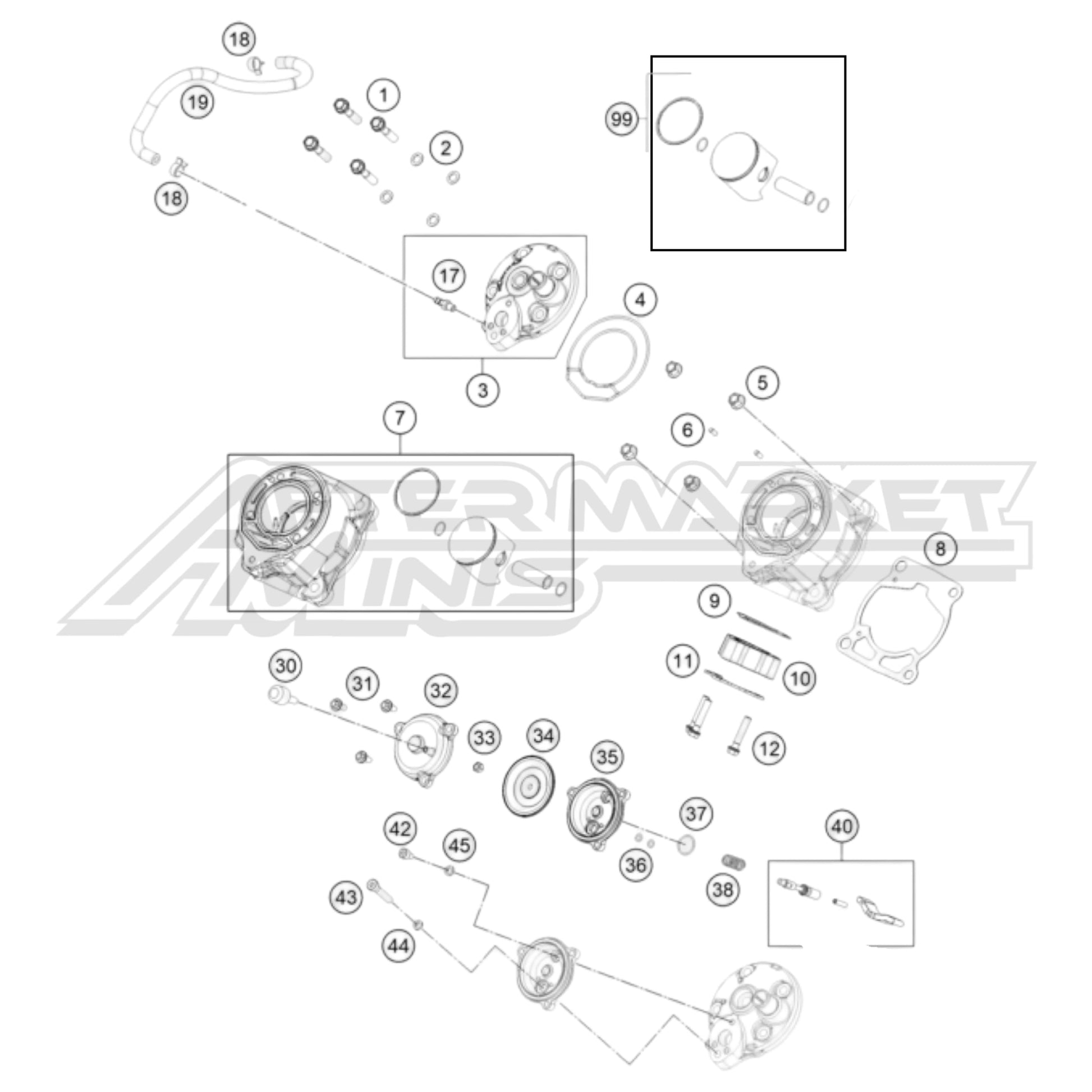 Exploded parts diagram of a 2026 KTM 65 SX cylinder, head and power valve assembly with reference numbers for each part to allow for easy ordering.