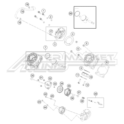 Exploded parts diagram of a 2026 KTM 65 SX cylinder, head and power valve assembly with reference numbers for each part to allow for easy ordering.