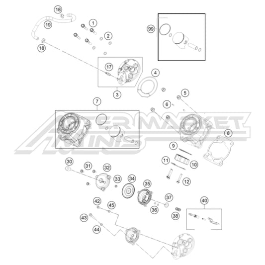 Exploded parts diagram of a 2026 KTM 65 SX cylinder, head and power valve assembly with reference numbers for each part to allow for easy ordering.