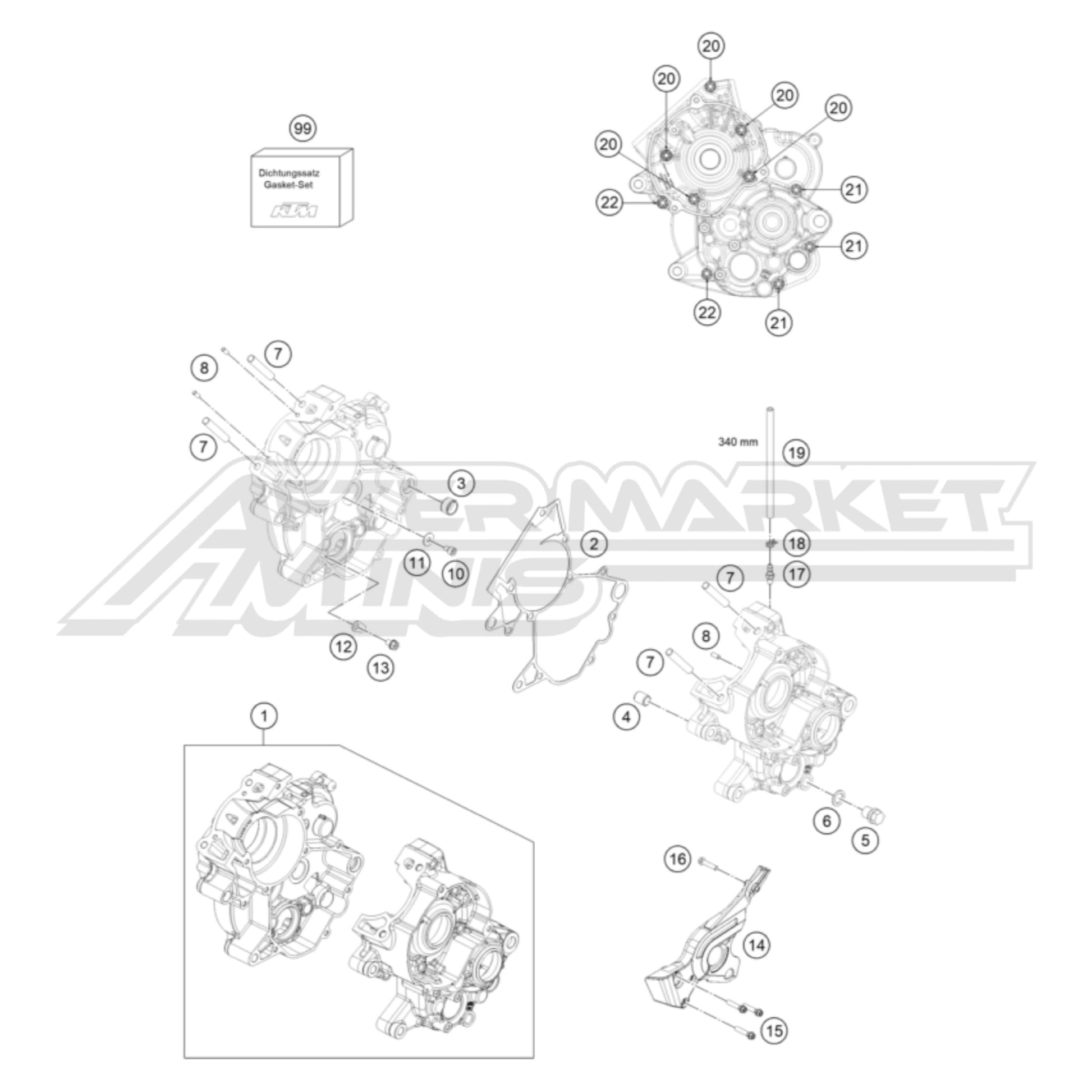 Exploded parts diagram of a 2026 KTM 65 SX engine cases with reference numbers for each part to allow for easy ordering.
