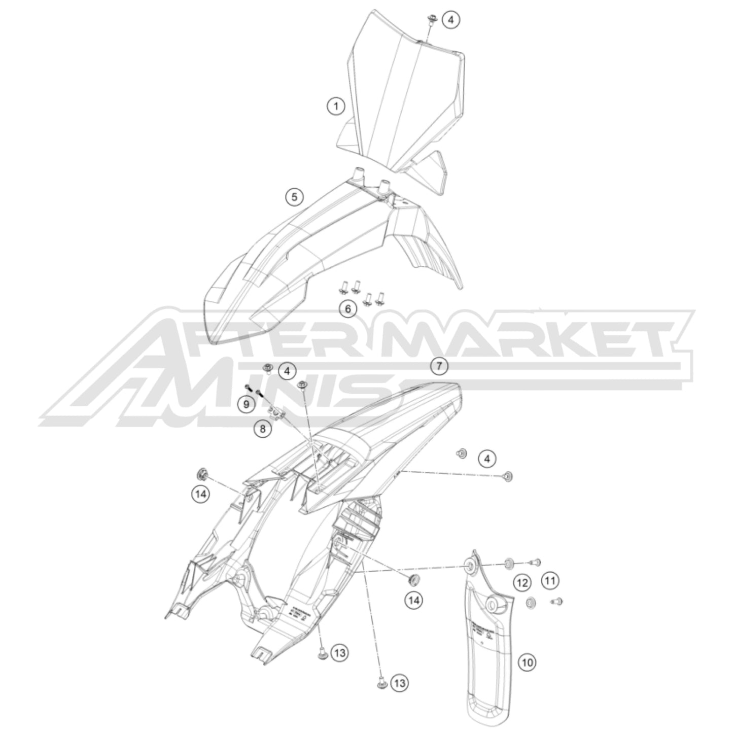 Exploded parts diagram of a 2026 KTM 65 SX front and rear fenders with reference numbers for each part to allow for easy ordering.