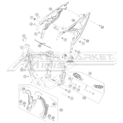Exploded parts diagram of a 2026 KTM 65 SX frame with reference numbers for each part to allow for easy 