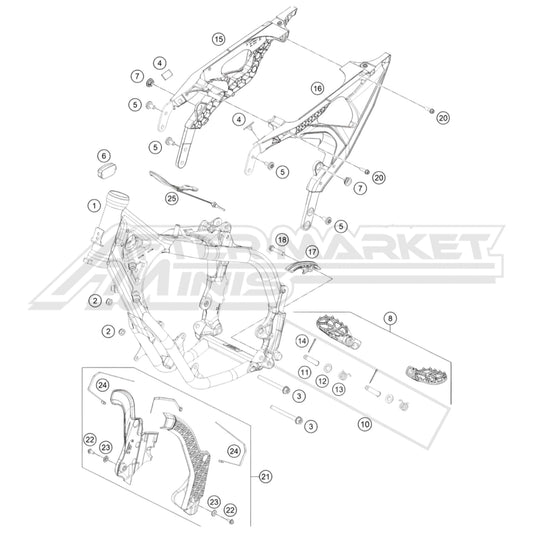 Exploded parts diagram of a 2026 KTM 65 SX frame with reference numbers for each part to allow for easy 