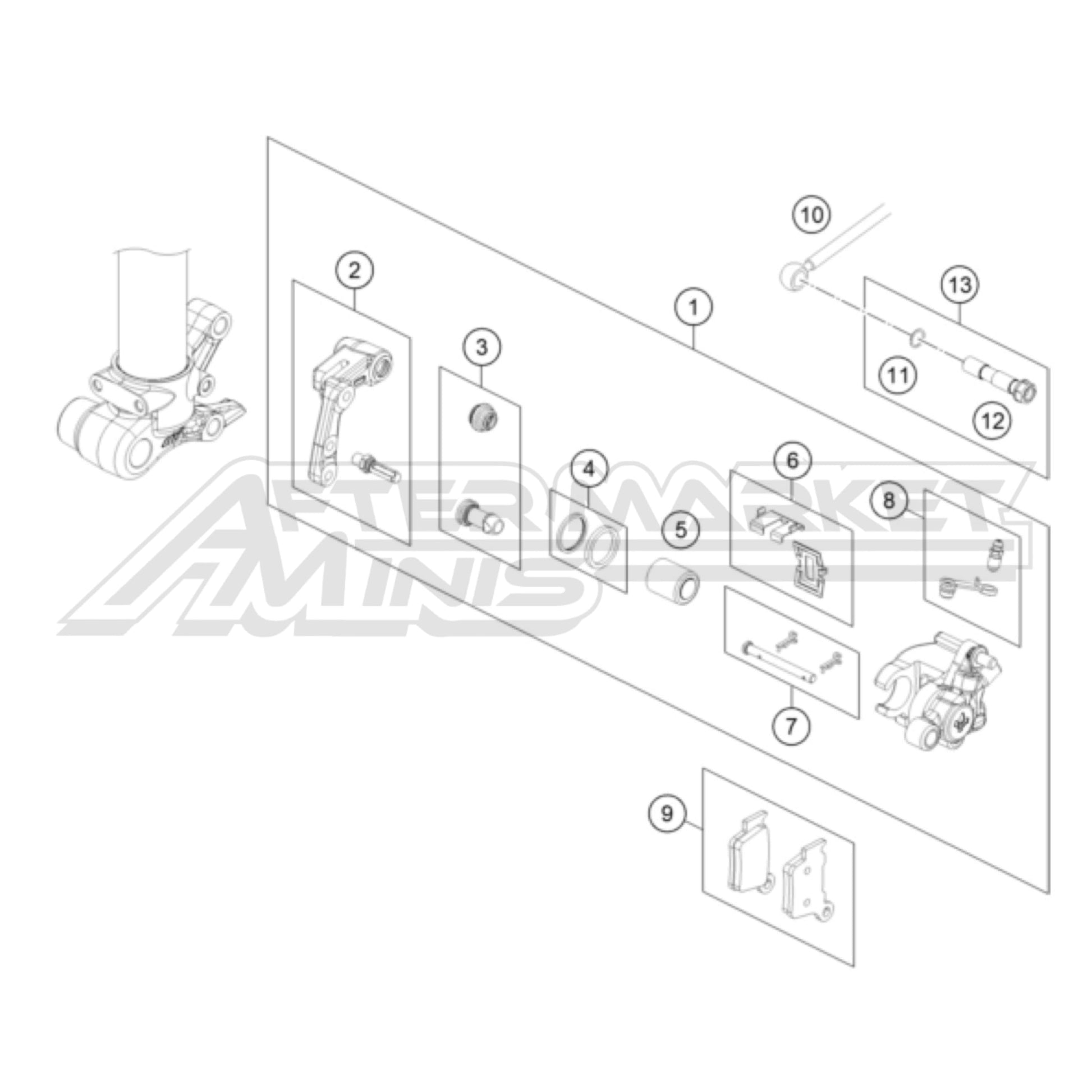 Exploded parts diagram of a 2026 KTM 65 SX front brake caliper with reference numbers for each part to allow for easy ordering.