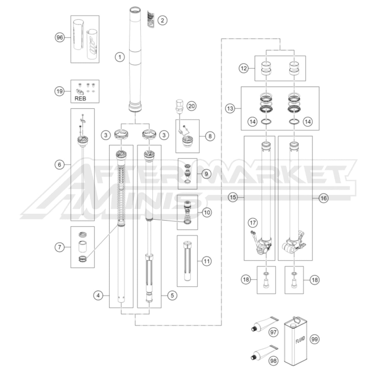 Exploded parts diagram of a 2026 KTM 65 SX front fork disassembled with reference numbers for each part to allow for easy ordering.