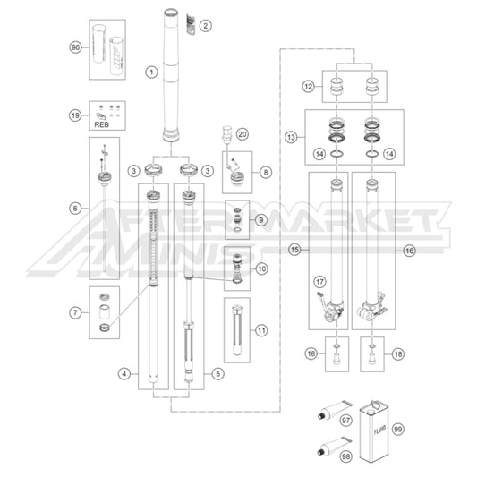 Exploded parts diagram of a 2026 KTM 65 SX front fork disassembled with reference numbers for each part to allow for easy ordering.