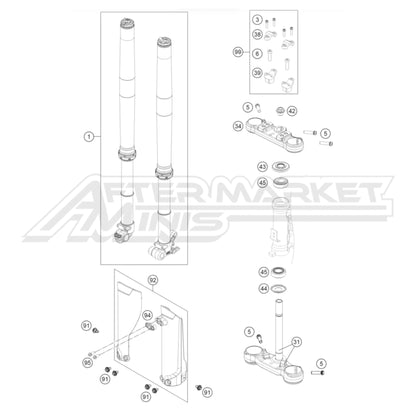Exploded parts diagram of a 2026 KTM 65 SX front fork and triple clamp with reference numbers for each part to allow for easy ordering.