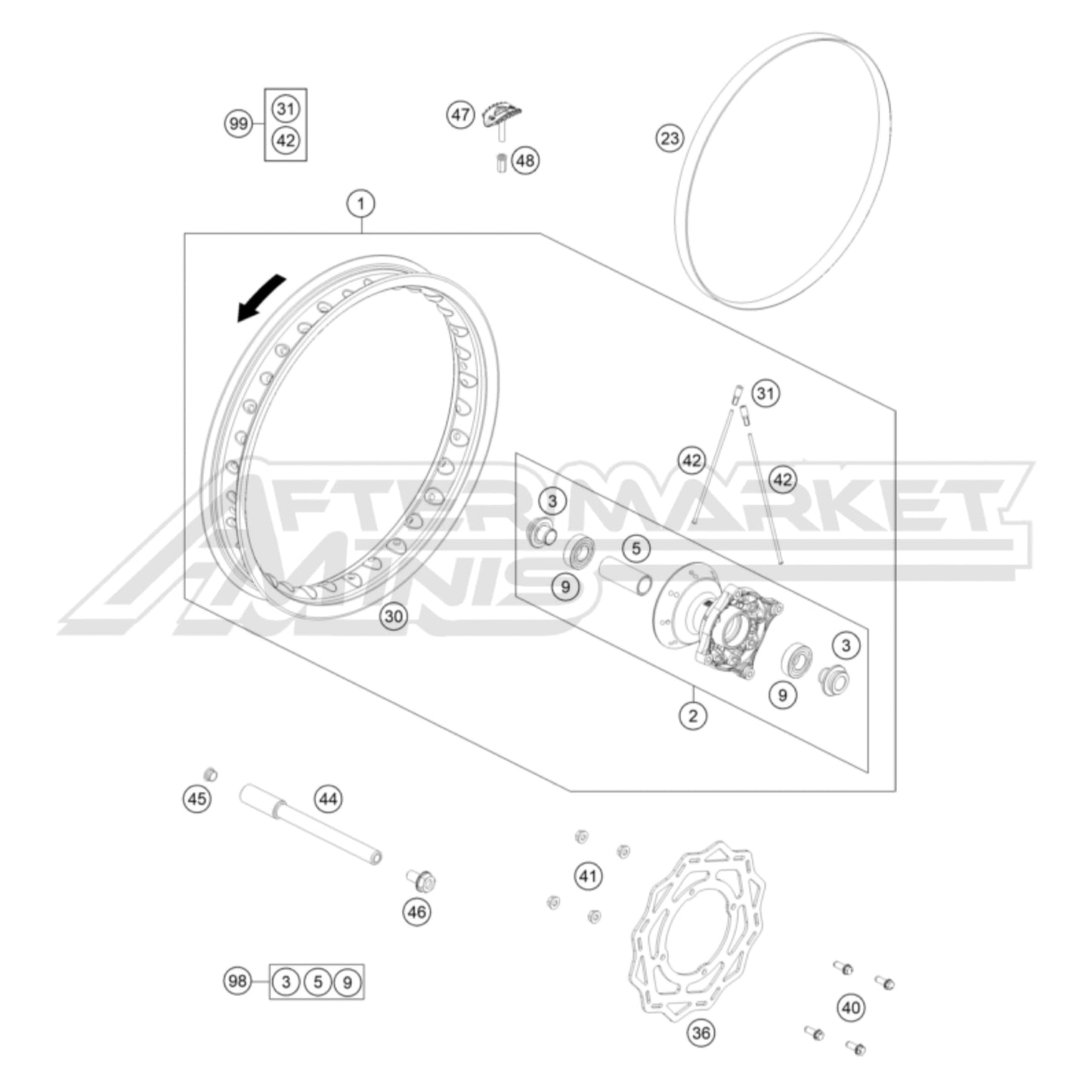 Exploded parts diagram of a 2026 KTM 65 SX front wheel with reference numbers for each part to allow for easy ordering.