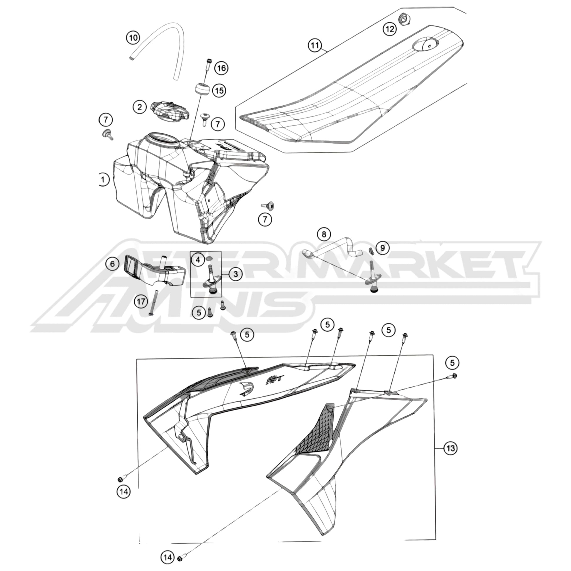Exploded parts diagram of a 2026 KTM 65 SX gas tank, seat and radiator shrouds with reference numbers for each part to allow for easy ordering.
