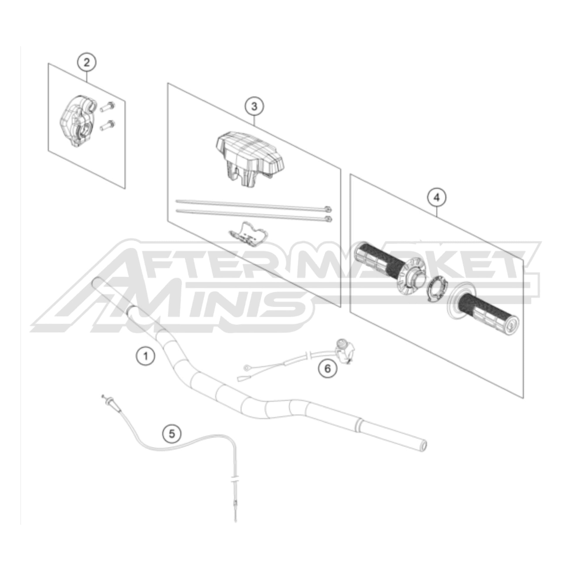Exploded parts diagram of a 2026 KTM 65 SX handlebar and controls with reference numbers for each part to allow for easy ordering.