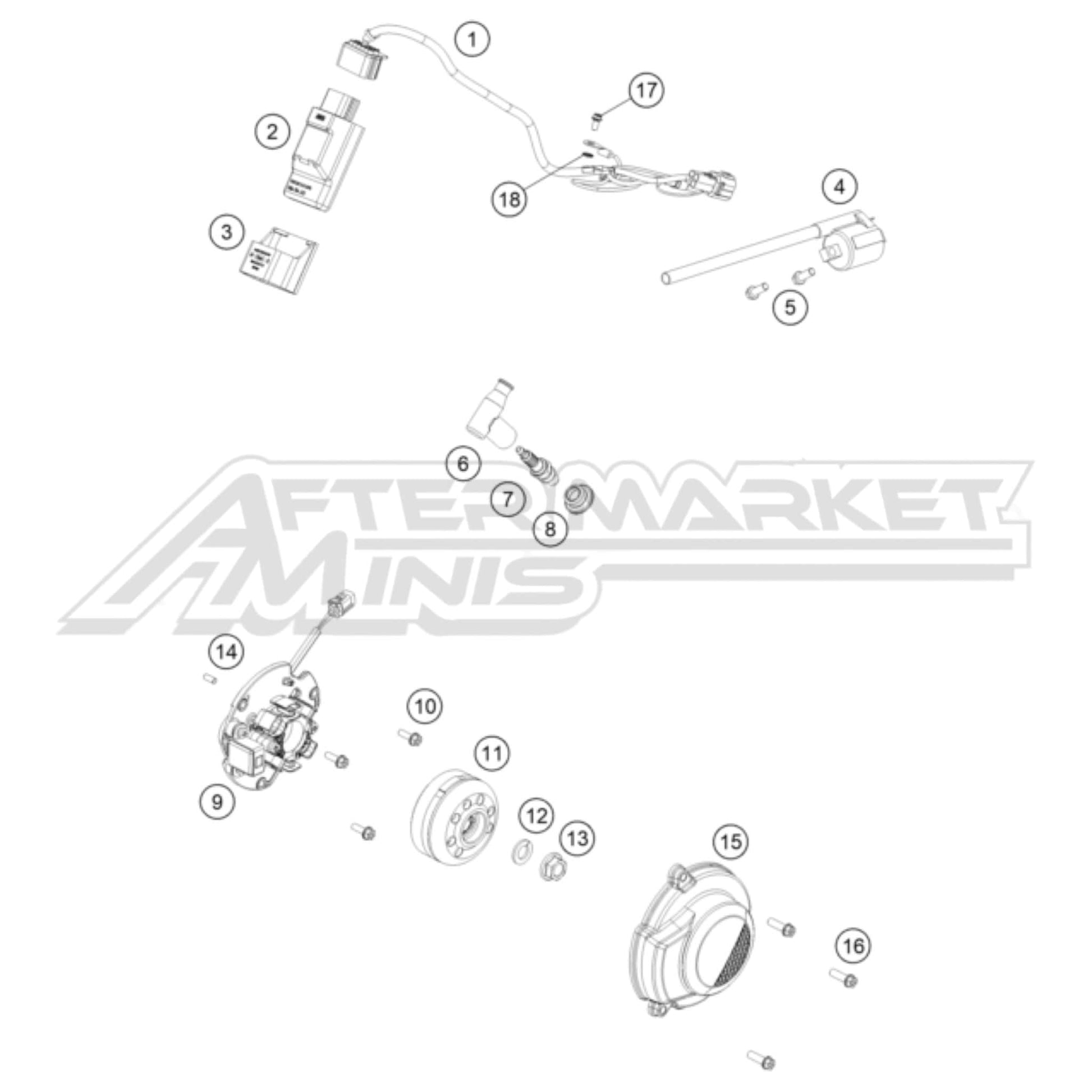 Exploded parts diagram of a 2026 KTM 65 SX ignition system with reference numbers for each part to allow for easy ordering.