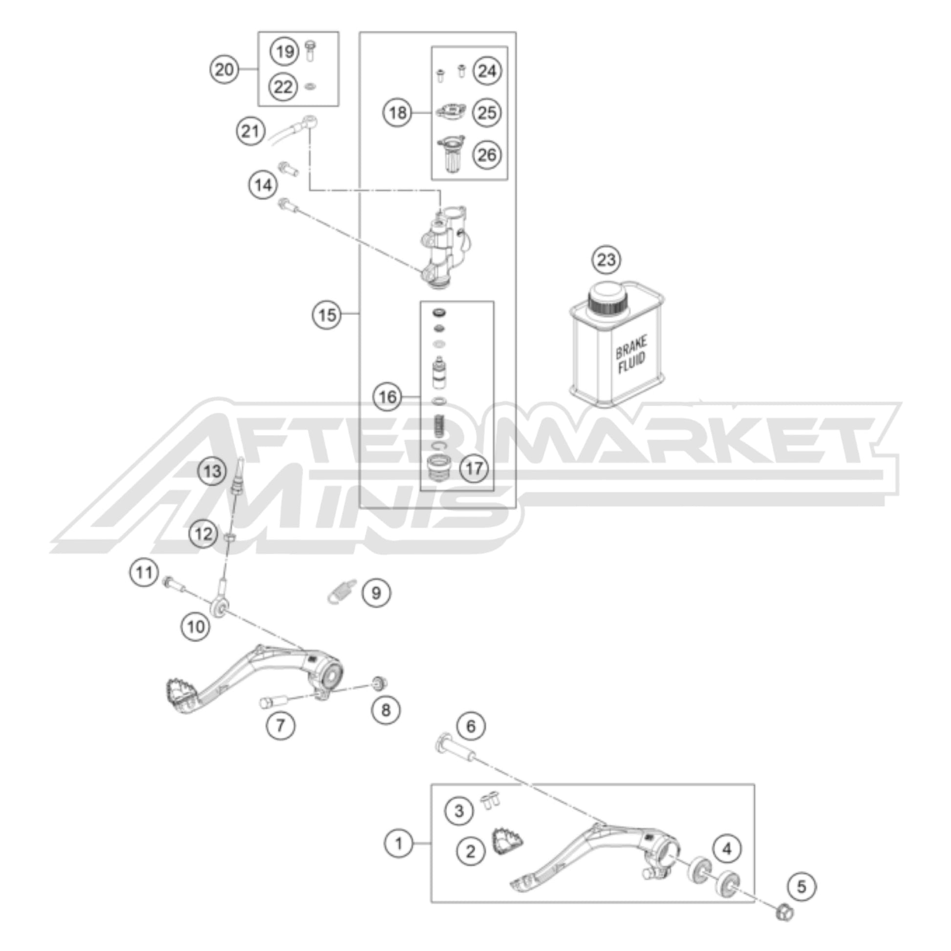 Exploded parts diagram of a 2026 KTM 65 SX rear brake master cylinder and pedal with reference numbers for each part to allow for easy ordering.