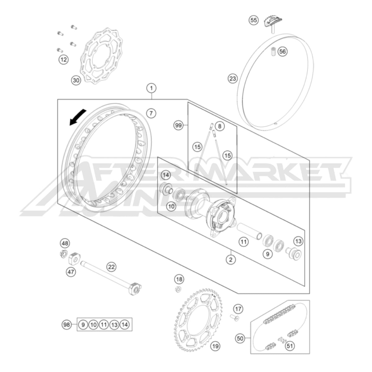 Exploded parts diagram of a 2026 KTM 65 SX rear wheel parts with reference numbers for each part to allow for easy ordering.