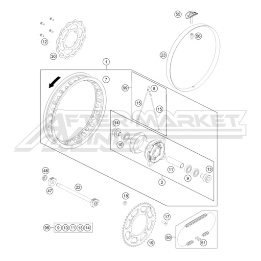 Exploded parts diagram of a 2026 KTM 65 SX rear wheel parts with reference numbers for each part to allow for easy ordering.