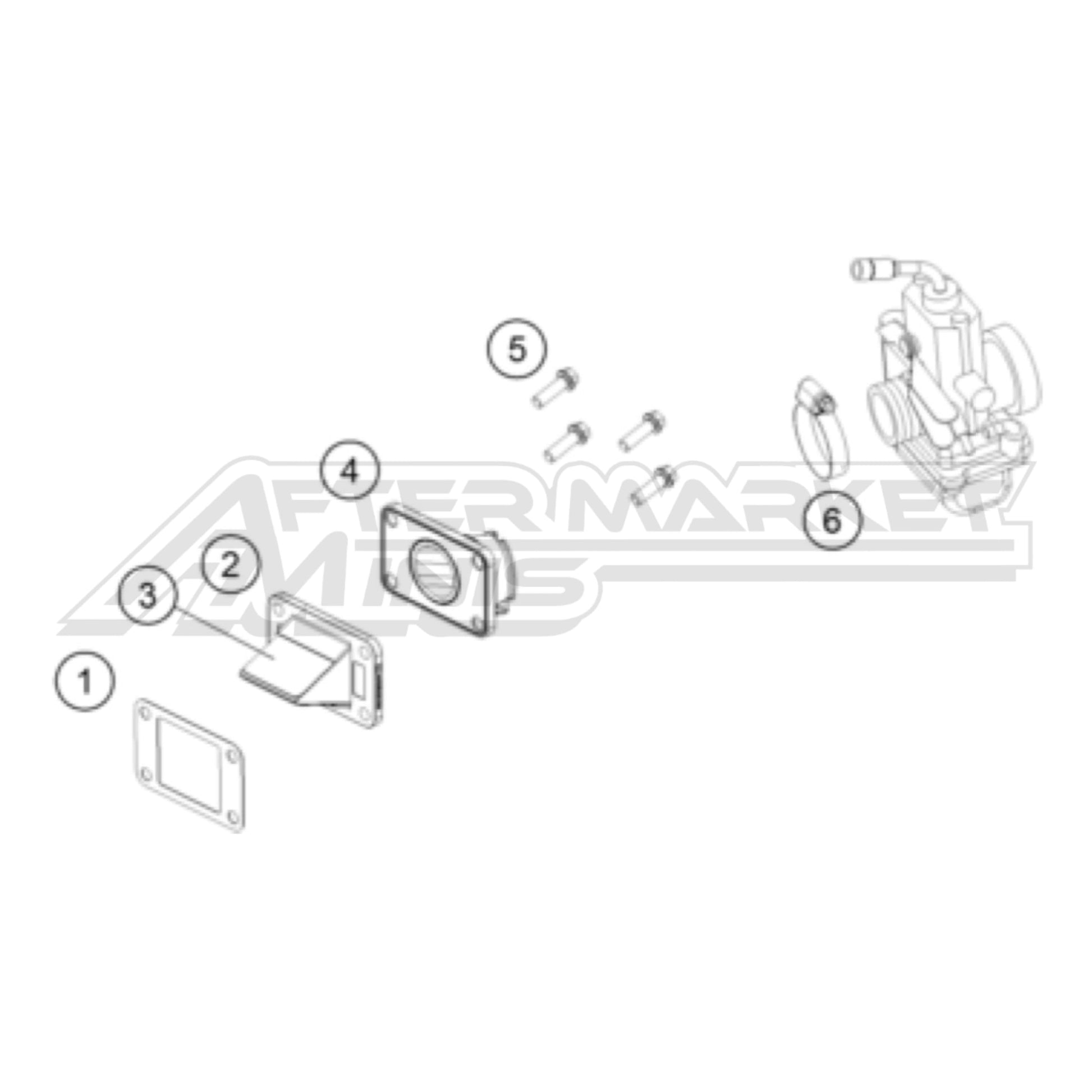 Exploded parts diagram of a 2026 KTM 65 SX intake and reed valve assembly with reference numbers for each part to allow for easy ordering.