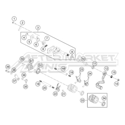 Exploded parts diagram of a 2026 KTM 65 SX shifting mechanism, with reference numbers for each part to allow for easy ordering.
