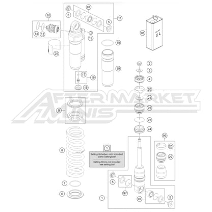 Exploded parts diagram of a 2026 KTM 65 SX disassembled rear shock with reference numbers for each part to allow for easy ordering.