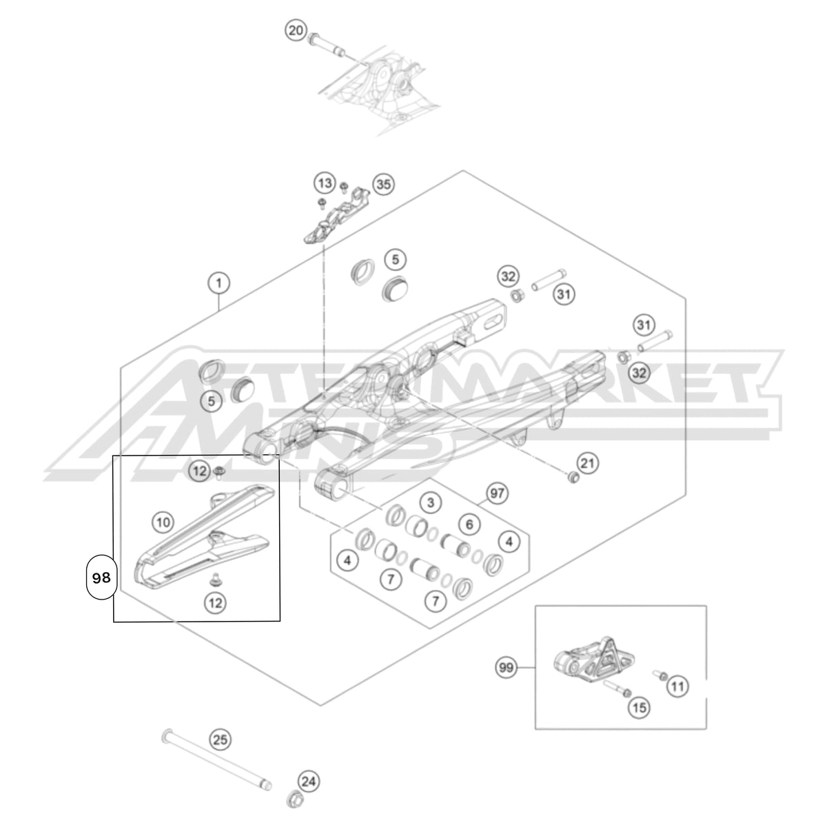 Exploded parts diagram of a 2026 KTM 65 SX swingarm with reference numbers for each part to allow for easy ordering.