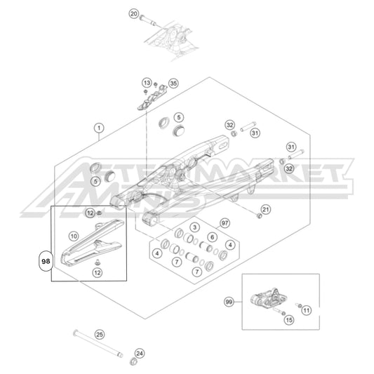 Exploded parts diagram of a 2026 KTM 65 SX swingarm with reference numbers for each part to allow for easy ordering.
