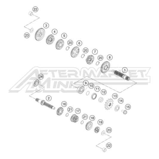 Exploded parts diagram of a 2026 KTM 65 SX transmission, with reference numbers for each part to allow for easy ordering.