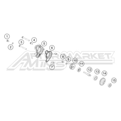 Exploded parts diagram of a 2026 KTM 65 SX water pump system with reference numbers for each part to allow for easy ordering.