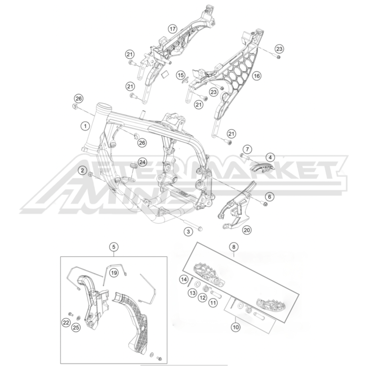 Illustration of 2026 KTM SX-E 5 frame with labeled components on a white background, featuring the 'Aftermarket Minis' brand.