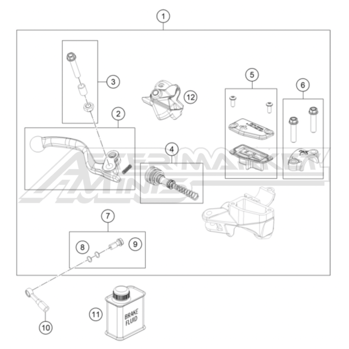 Illustration of 2025 KTM SX-E 5 front brake master cylinder with labeled components on a white background, featuring the 'Aftermarket Minis' brand.