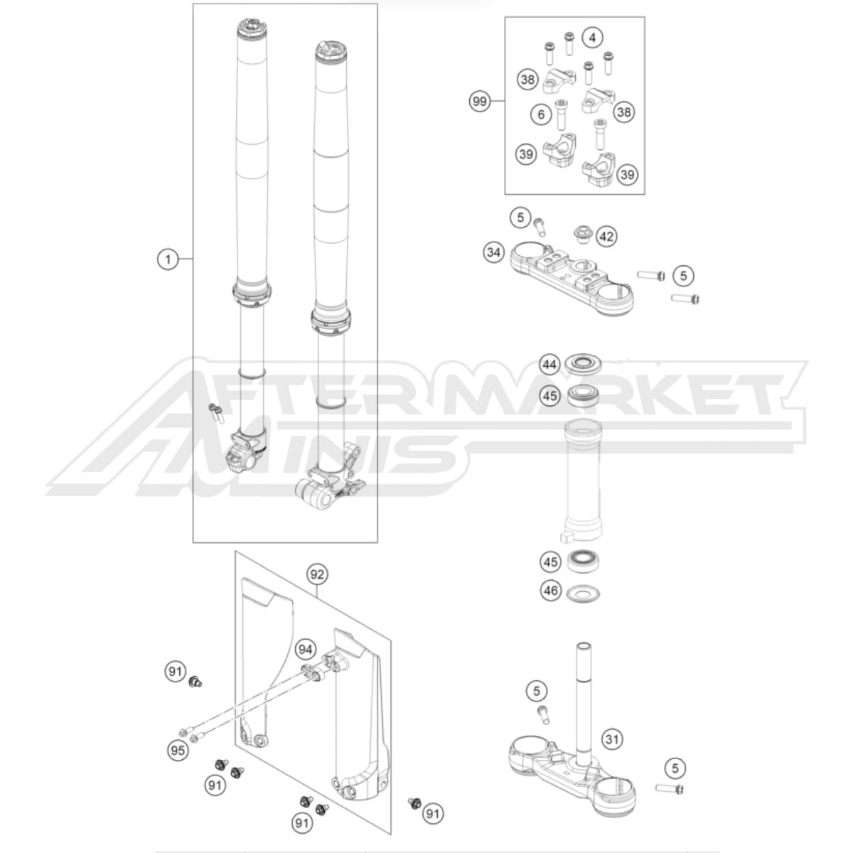 Illustration of 2026 KTM SX-E 5 front suspension fork with labeled components on a white background, featuring the 'Aftermarket Minis' brand.