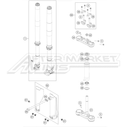 Illustration of 2026 KTM SX-E 5 front suspension fork with labeled components on a white background, featuring the 'Aftermarket Minis' brand.