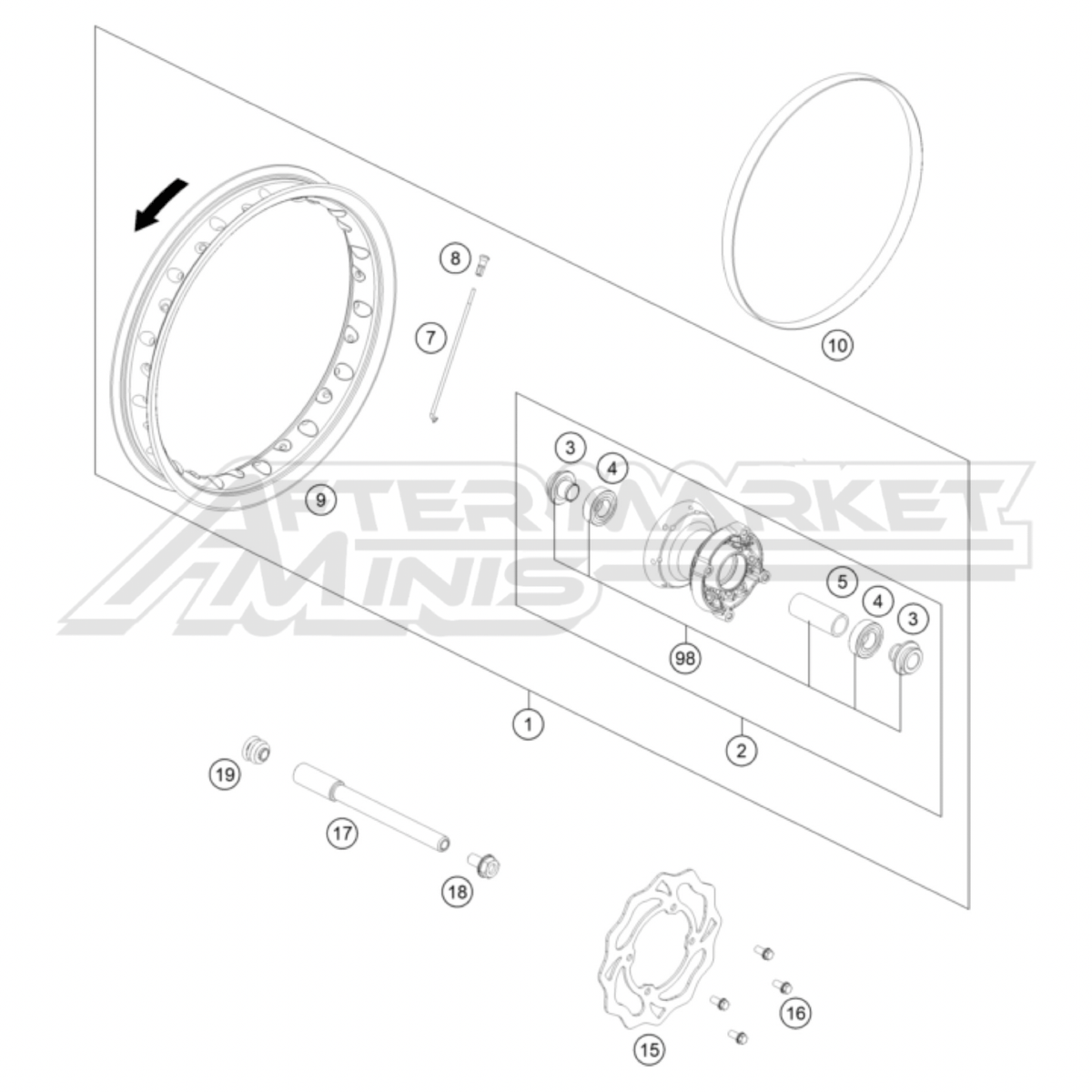 Illustration of 2026 KTM SX-E 5 front wheel with labeled components on a white background, featuring the 'Aftermarket Minis' brand.