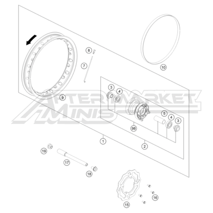 Illustration of 2026 KTM SX-E 5 front wheel with labeled components on a white background, featuring the 'Aftermarket Minis' brand.