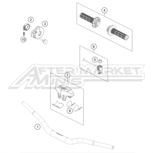 Illustration of 2026 KTM SX-E 5 handlebar and controls with labeled components on a white background, featuring the 'Aftermarket Minis' brand.