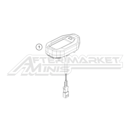 Illustration of 2025 KTM SX-E 5 instruments and lock system with labeled components on a white background, featuring the 'Aftermarket Minis' brand.
