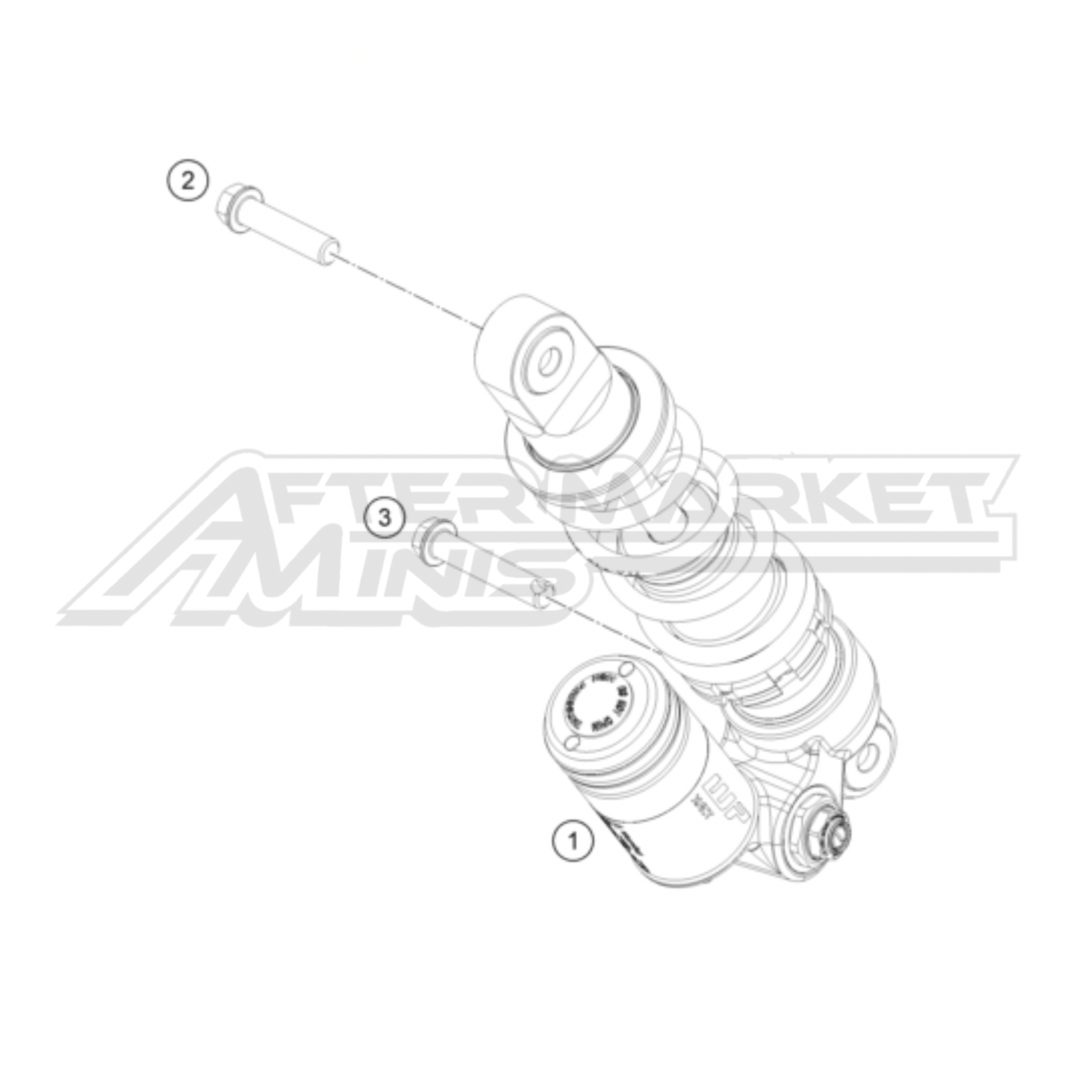 Illustration of 2026 KTM SX-E 5 rear shock with labeled components on a white background, featuring the 'Aftermarket Minis' brand.