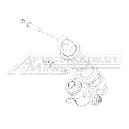 Illustration of 2026 KTM SX-E 5 rear shock with labeled components on a white background, featuring the 'Aftermarket Minis' brand.