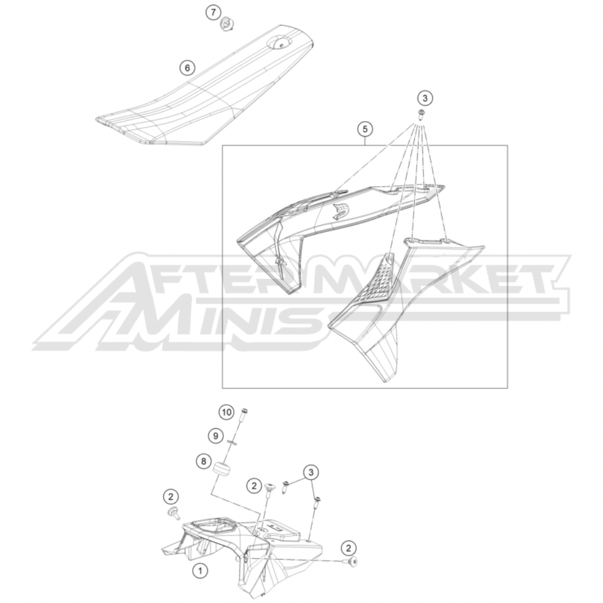 Illustration of 2026 KTM SX-E 5 tank, seat, shrouds with labeled components on a white background, featuring the 'Aftermarket Minis' brand.