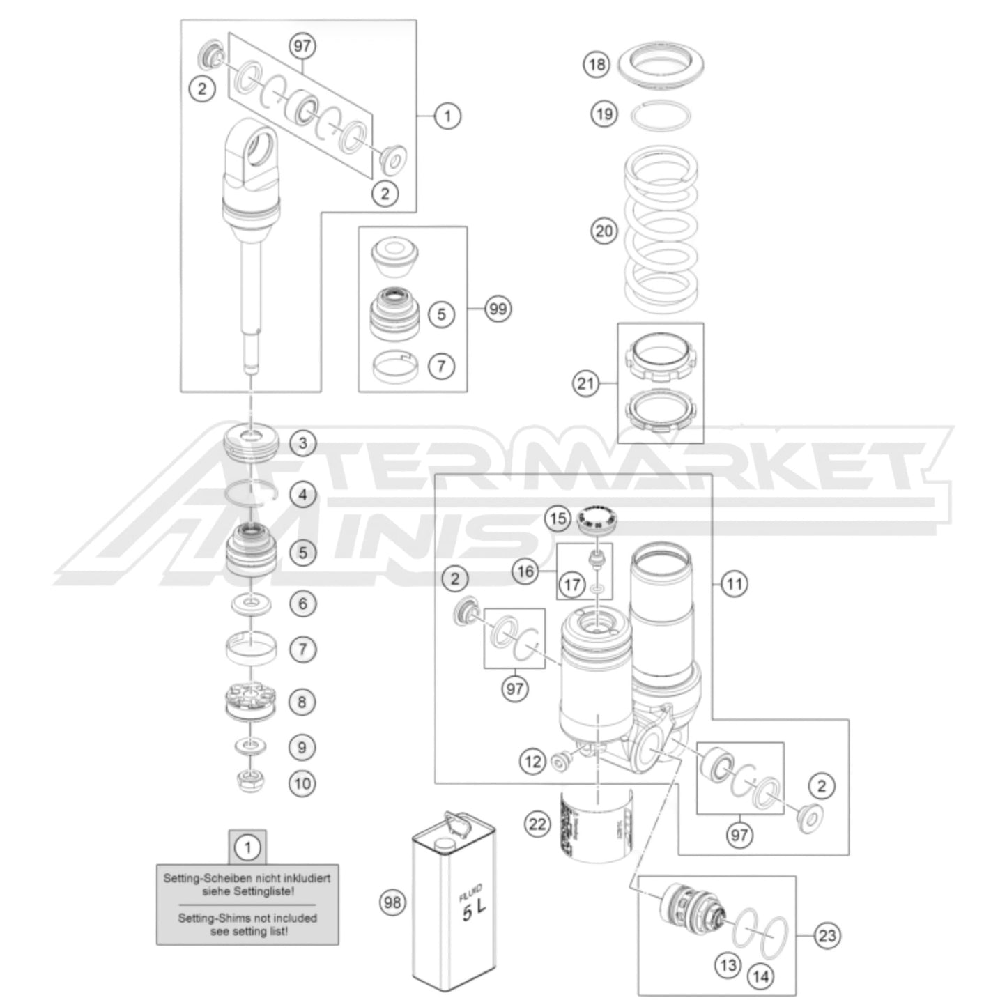Illustration of 2025 KTM SX-E 5 rear shock internals with labeled components on a white background, featuring the 'Aftermarket Minis' brand.