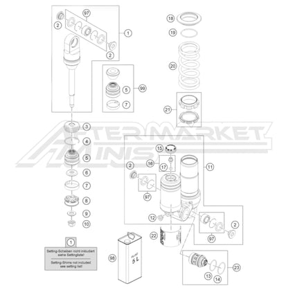 Illustration of 2025 KTM SX-E 5 rear shock internals with labeled components on a white background, featuring the 'Aftermarket Minis' brand.